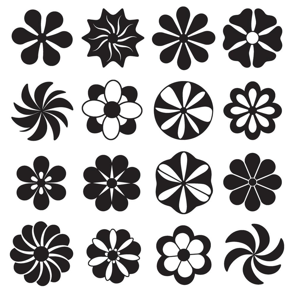 Artistic flower icon bundle with groovy silhouette and wavy line styles for modern pattern design vector