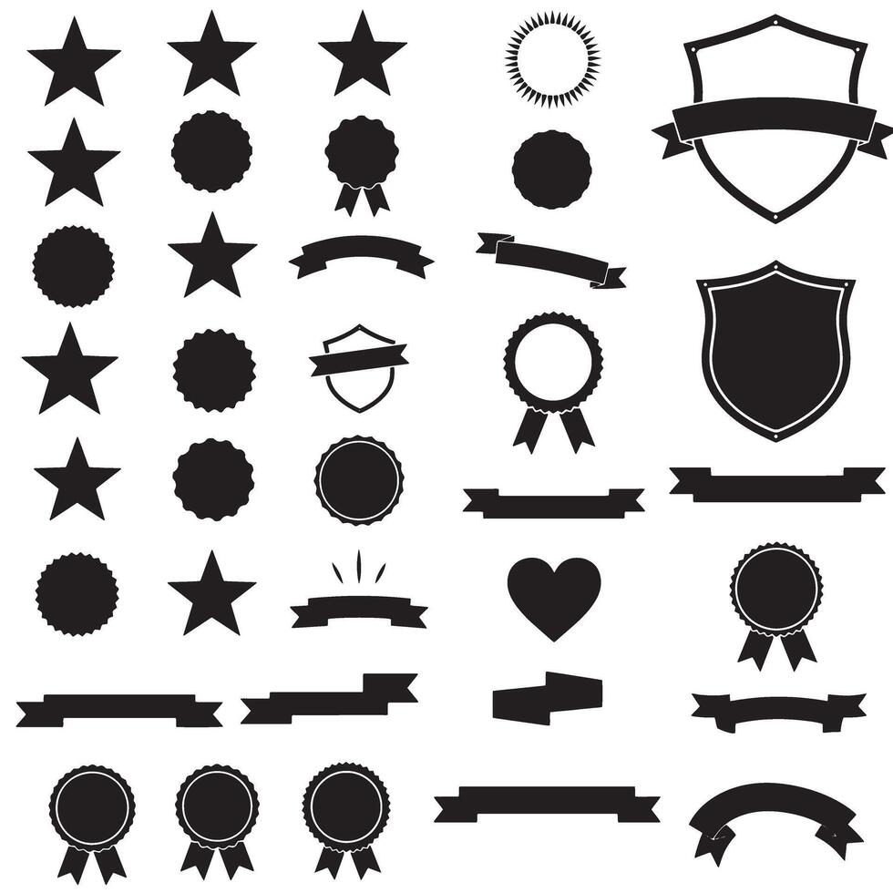 Vintage design pack with star, shield, heart shape, ribbons banner and scroll element set silhouette vector