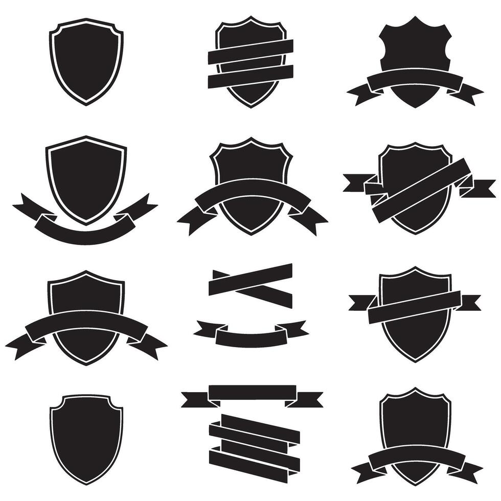 Decorative vintage shield and ribbons banner adjust set bundle silhouette variation design for identity artwork vector