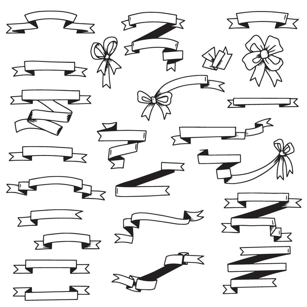 Curved vintage outline art ribbon banner set bundle silhouette variation design for logo, label, and print vector