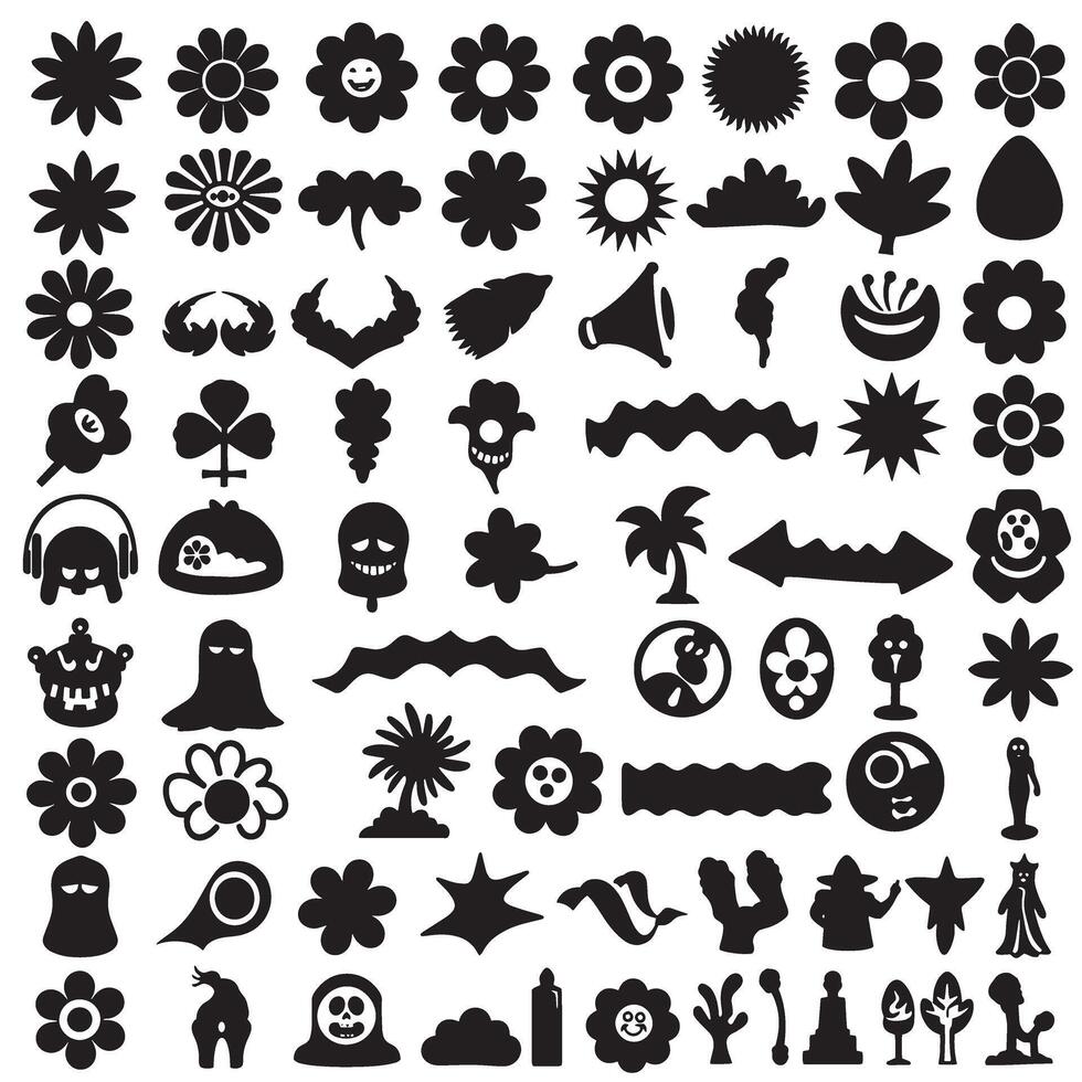 70s-style groovy silhouette variation bundle featuring flowers, cartoon animal art, ribbons, stars, and hand outlines vector