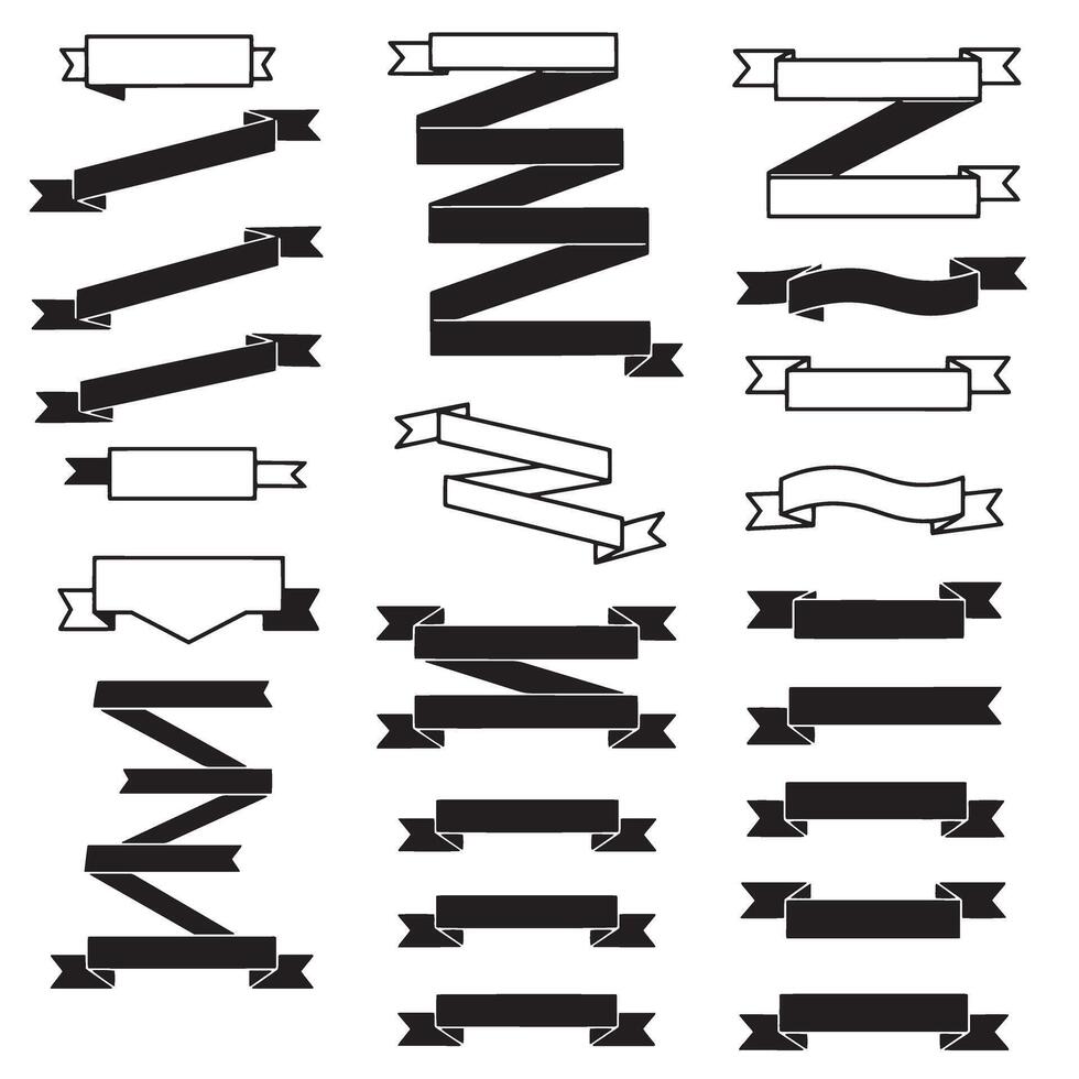 Vintage outline art ribbon banner set bundle silhouette variation design with scroll, tag, and label icons vector
