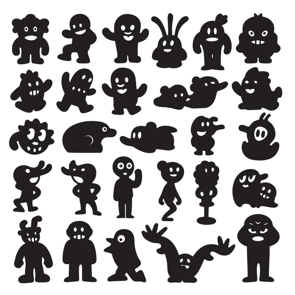 Groovy Funky element set bundle silhouette with colorful starbursts, swirl lines, floral icons, and expressive hand signs vector