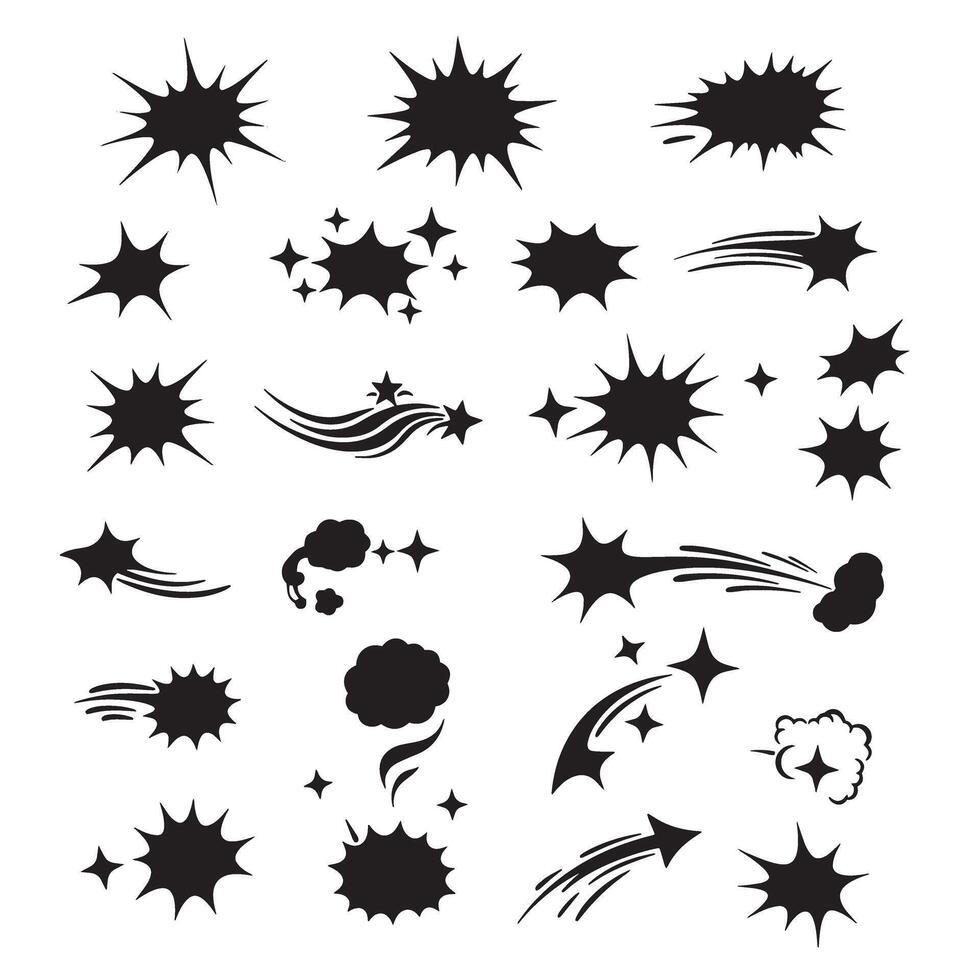 Doodle sparkle icon set with line and silhouette bursts perfect for art composition and graphic design vector