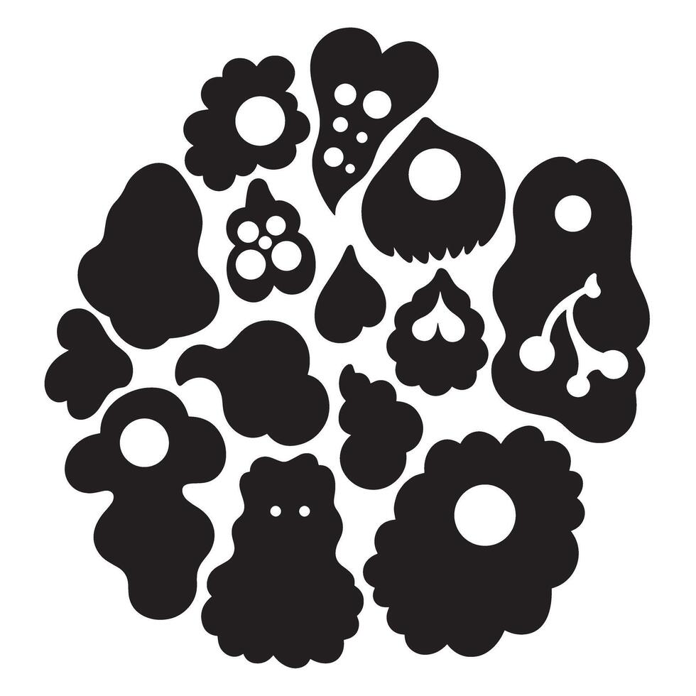 Abstract groovy variation silhouette bundle of flowers, ribbons, cartoon animals, hand shapes, and shining stars vector