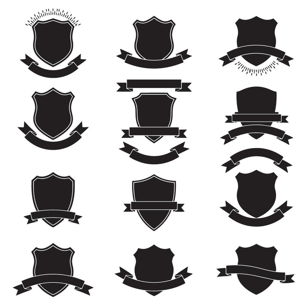 Classic vintage shield and ribbons banner adjust set bundle silhouette variation design for branding and signage vector