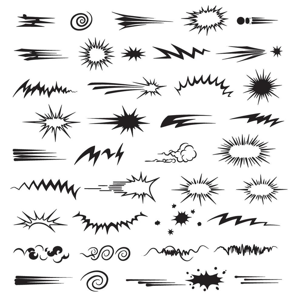 Black ink comic line sparkle motion elements set for manga burst effects and pop art silhouette decoration vector