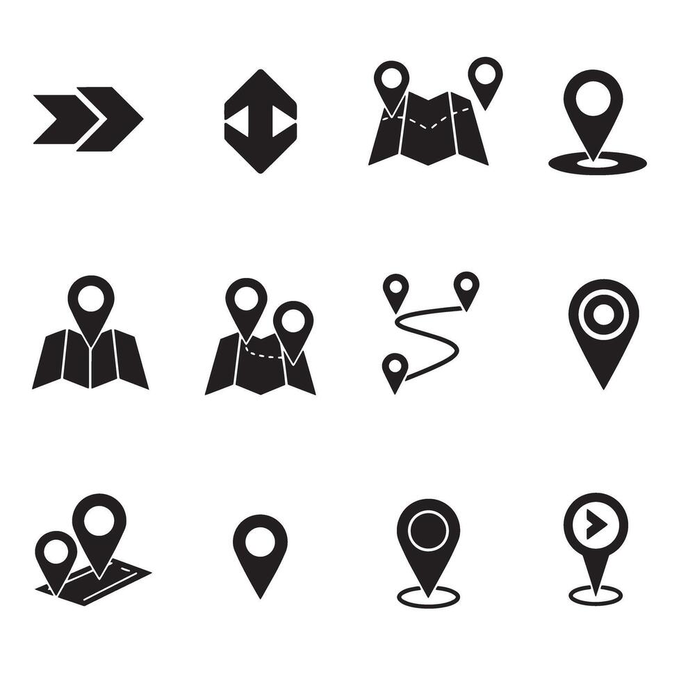 Navigation arrows, pins, and route icon silhouette bundle for digital map design vector
