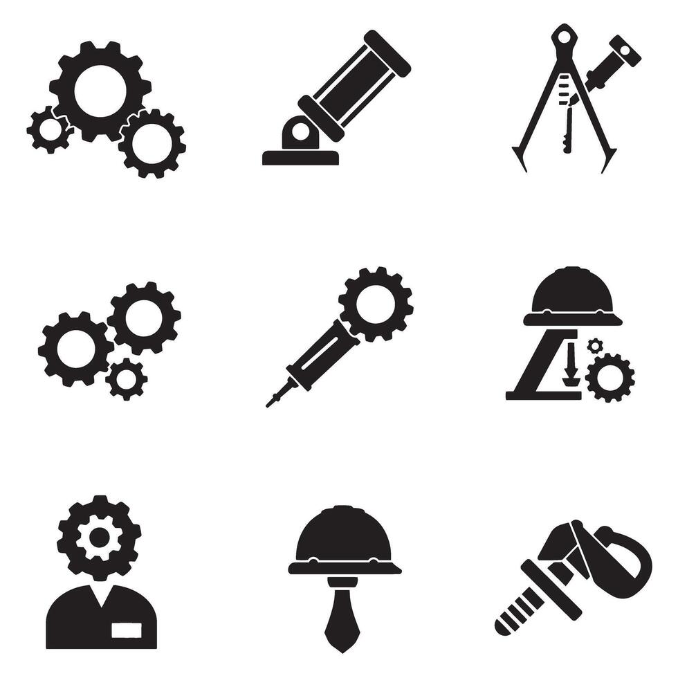 Engineering schematic icon silhouette bundle with mechanical symbol elements vector
