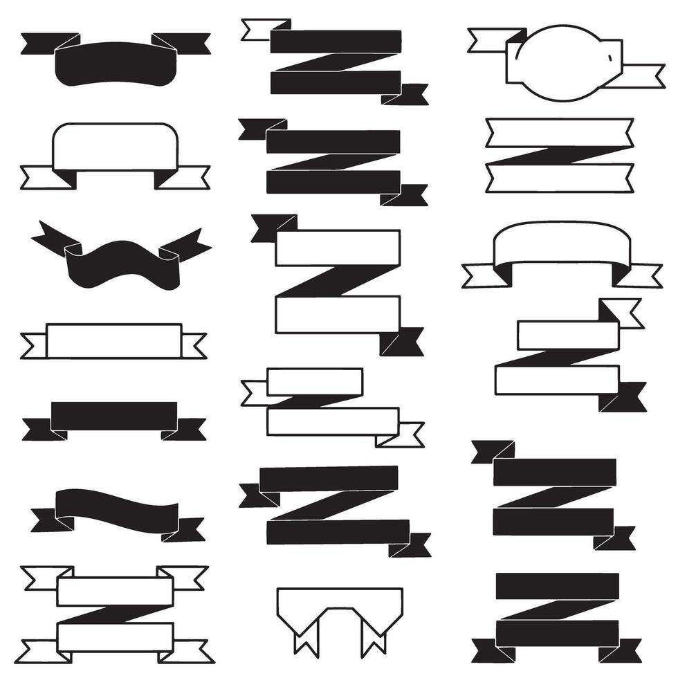Hand-drawn vintage outline art ribbon banner set bundle silhouette variation design for classic branding vector