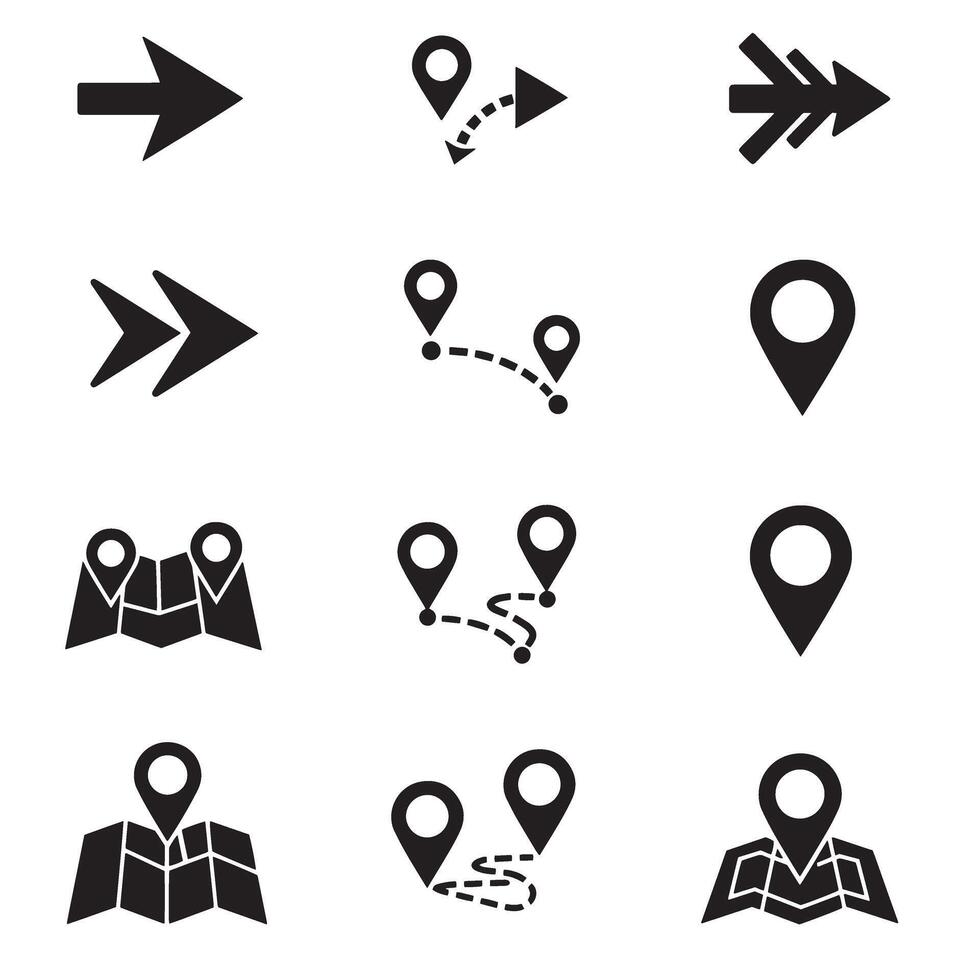 Navigation icons arrows, location markers, route path, and pins silhouette set vector