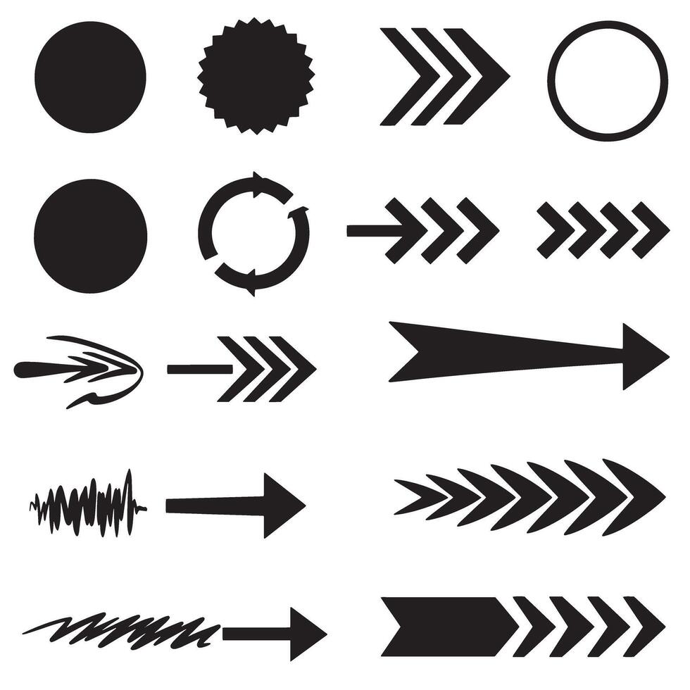 Circle, arrow, check marks, and line and other element silhouette bundle with minimal design icons and outline graphics vector