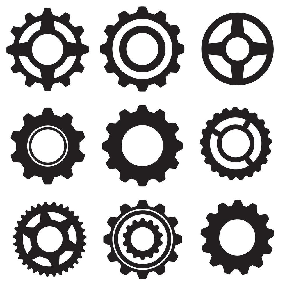 Mechanical wheel and gear shapes icon silhouette bundle for tech design use vector