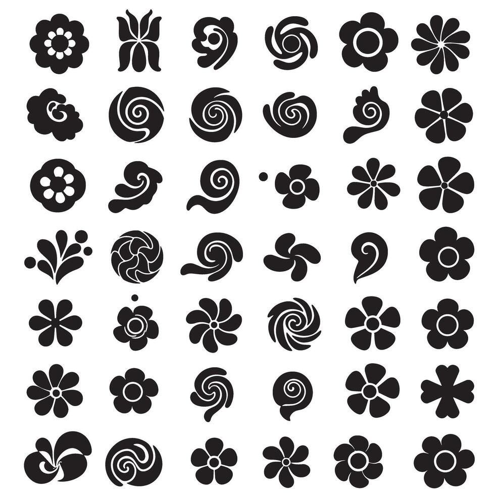 Silhouette bundle of groovy variation design including floral patterns, hand signs, star symbols, cartoon animal art, and ribbon shapes for posters vector