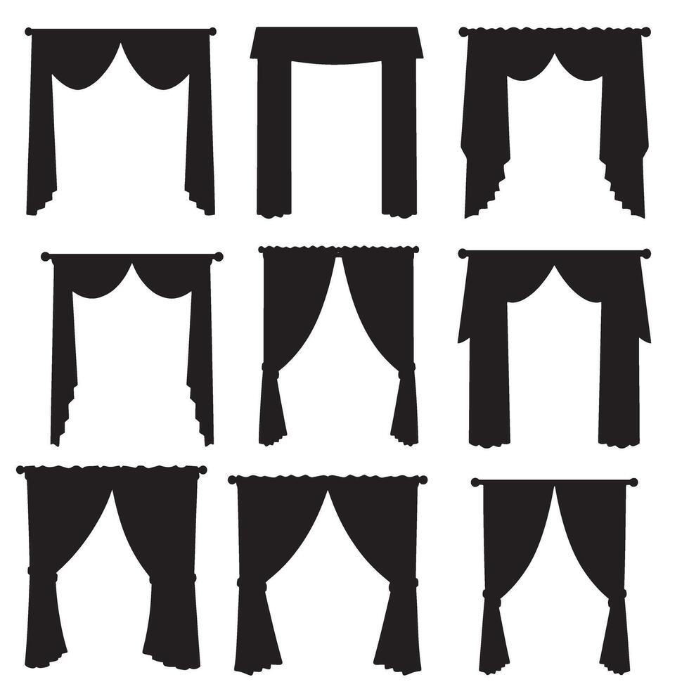 Chic Curtains element silhouette bundle with stylish window frame decor and graphic design vector