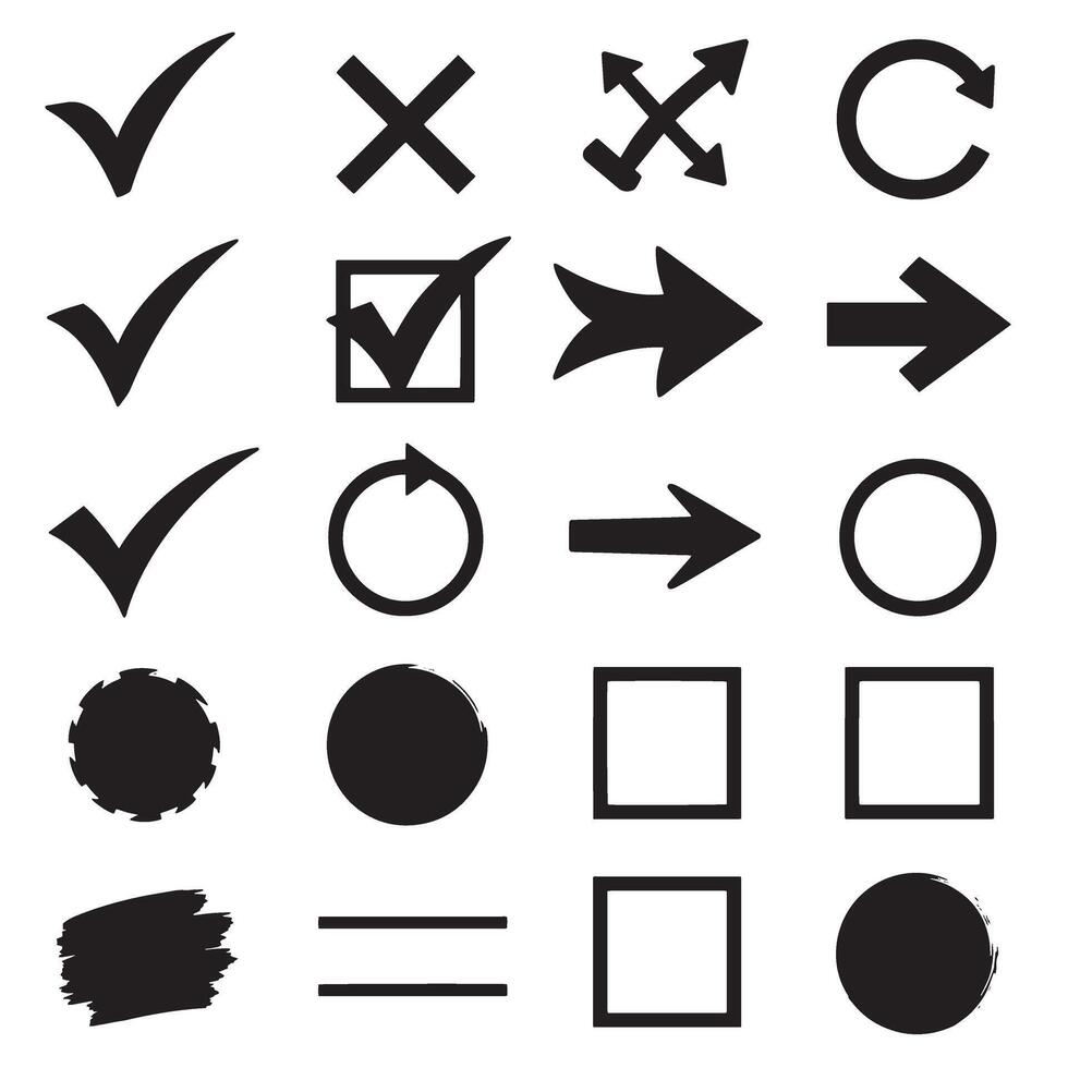 Check marks, crossed, arrows, underlines, circles, squares, brush stroke icon element silhouette bundle clean vector