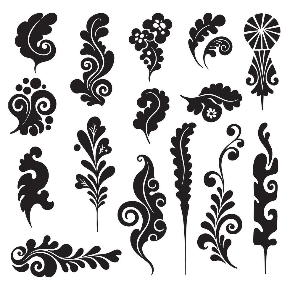 Funky retro groovy silhouette bundle featuring variation flower shapes, ribbons, cartoon animals, stars, and hands for posters vector