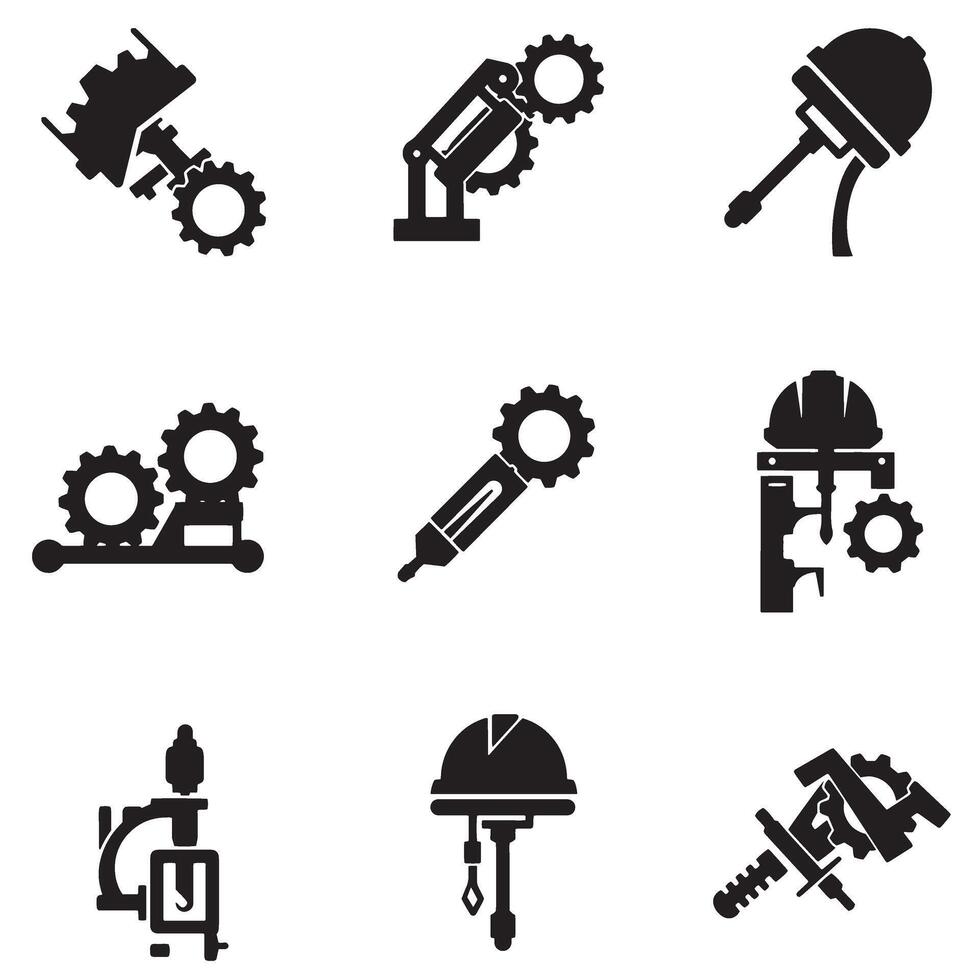 Engineering diagram and tool icon silhouette bundle for technical use vector