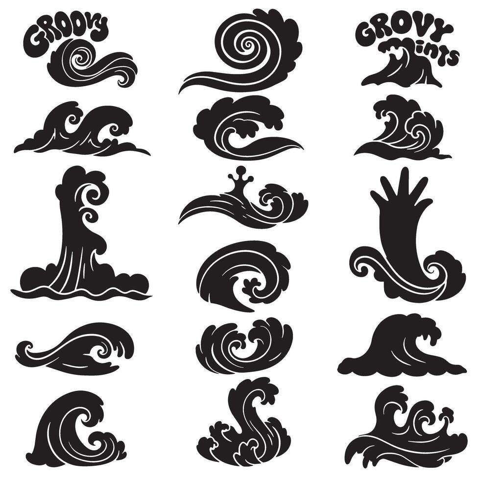 Vintage silhouette design bundle with groovy variation elements including ribbons, flowers, stars, and cute animals vector
