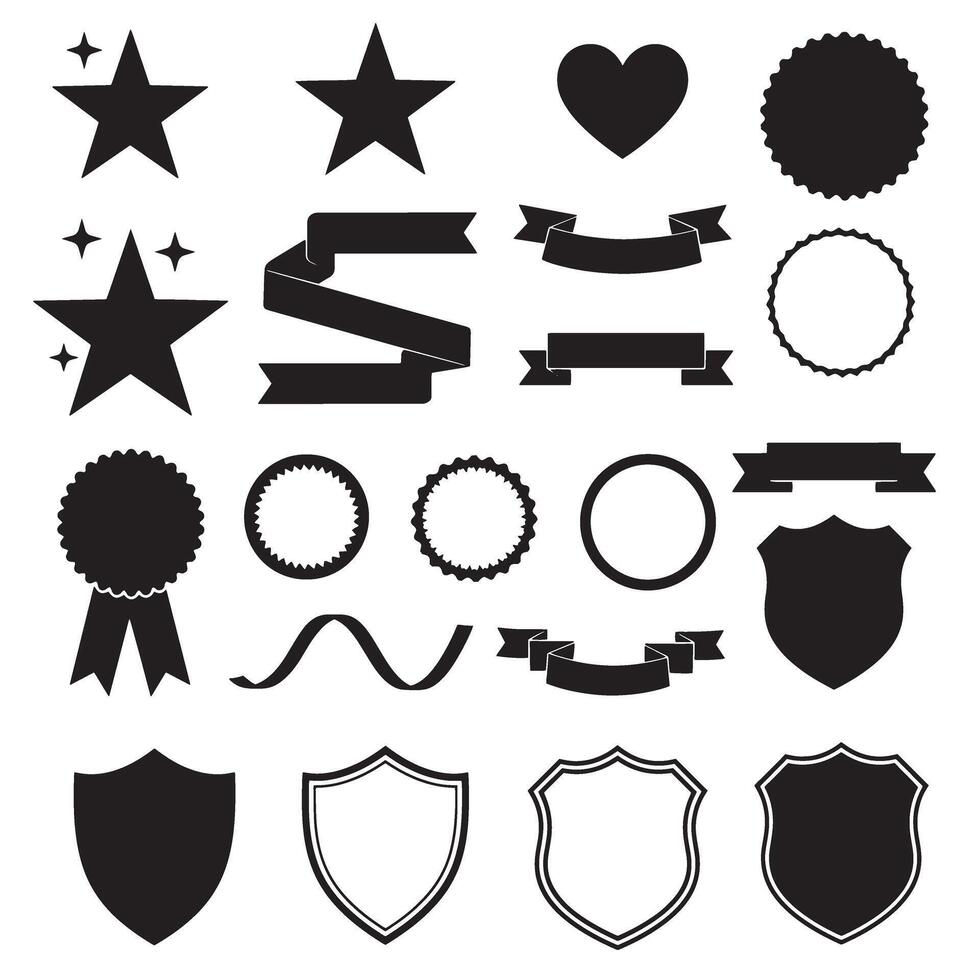 Star, shield, heart shape, ribbons banner and others element set silhouette bundle for scroll tag and layout art vector