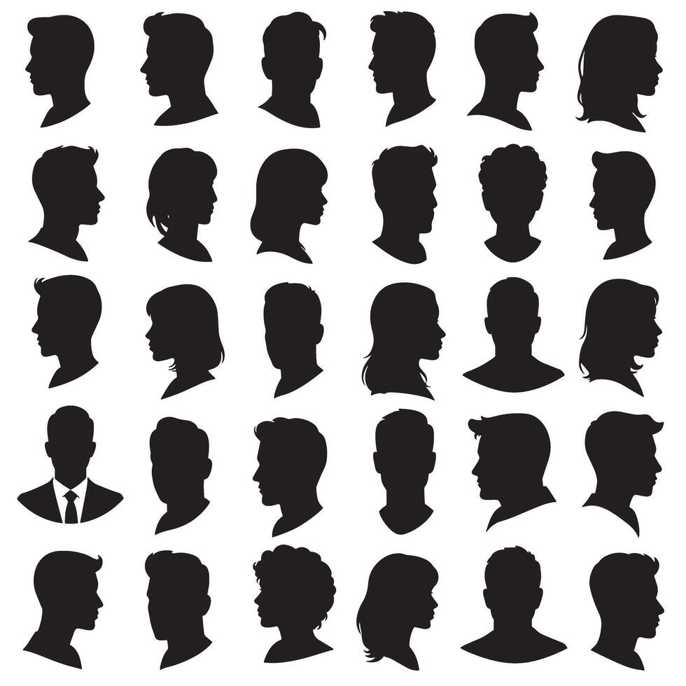 Silhouette set of man woman profile heads with unique hairstyle avatars for branding and portrait use vector