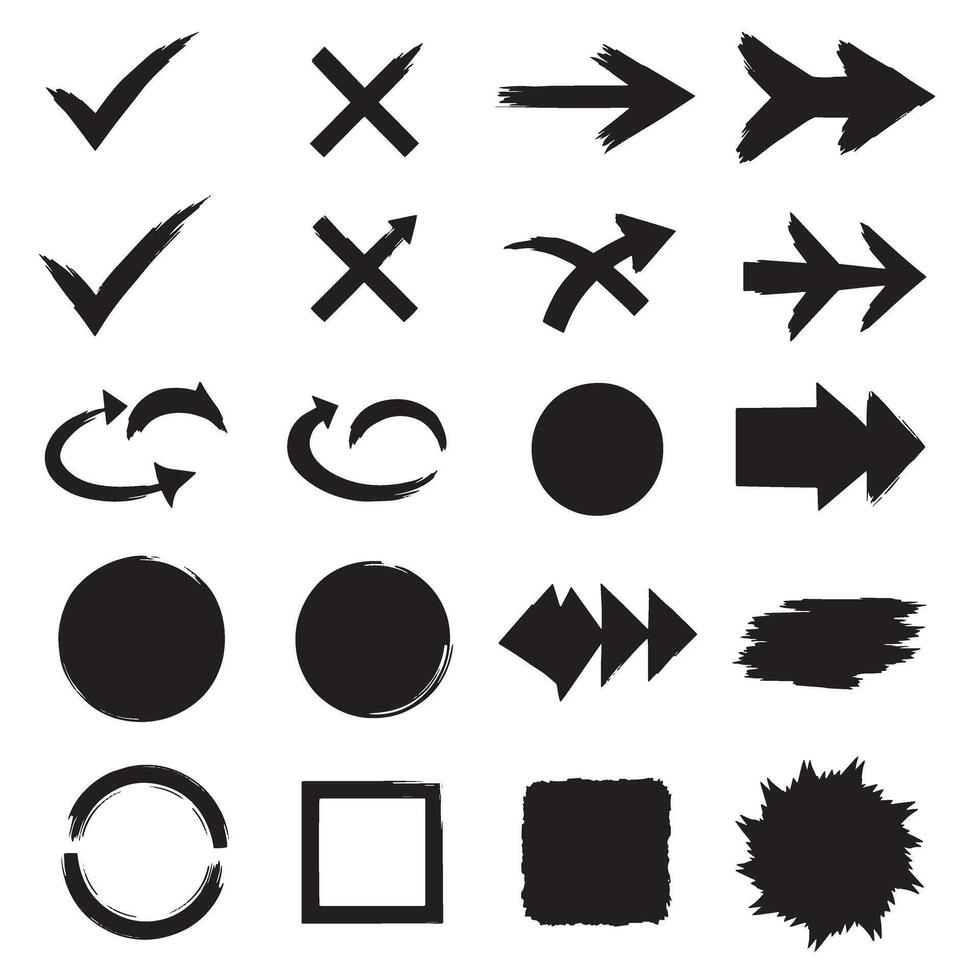 Check marks, crossed, arrows, underlines, circles, squares, brush stroke icon element silhouette bundle minimal vector