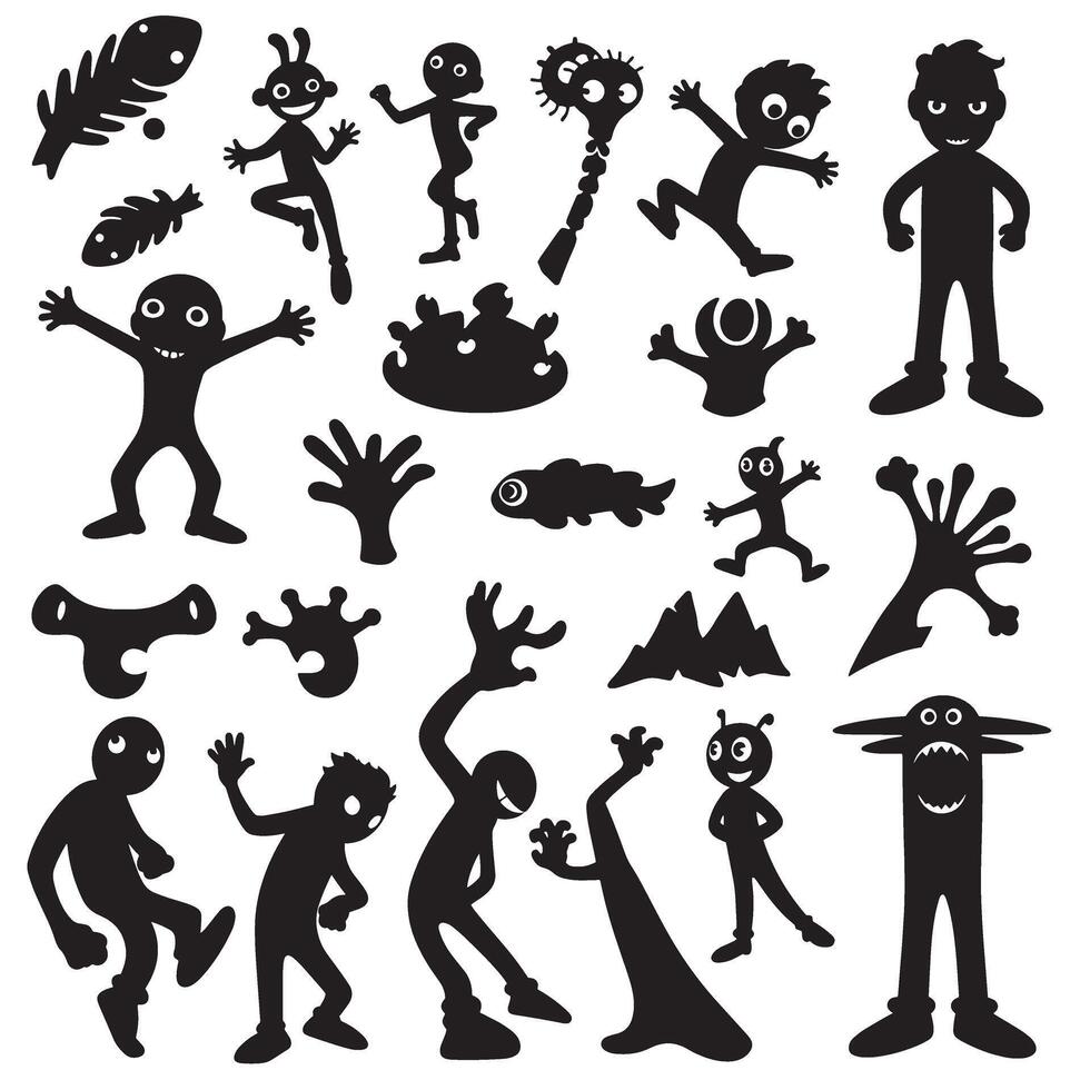 Groovy Funky element set bundle silhouette with vintage swirl patterns, hand illustrations, and decorative retro accents vector