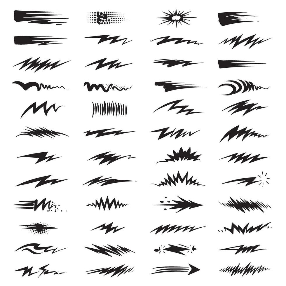 Comic line sparkle and motion symbol bundle with burst effects, hand stroke accents, and manga silhouette icons vector