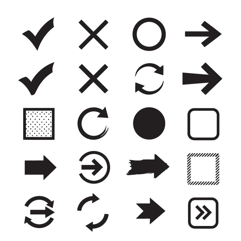 Check marks, crossed, arrows, underlines, circles, squares, brush stroke icon element silhouette bundle for UI vector