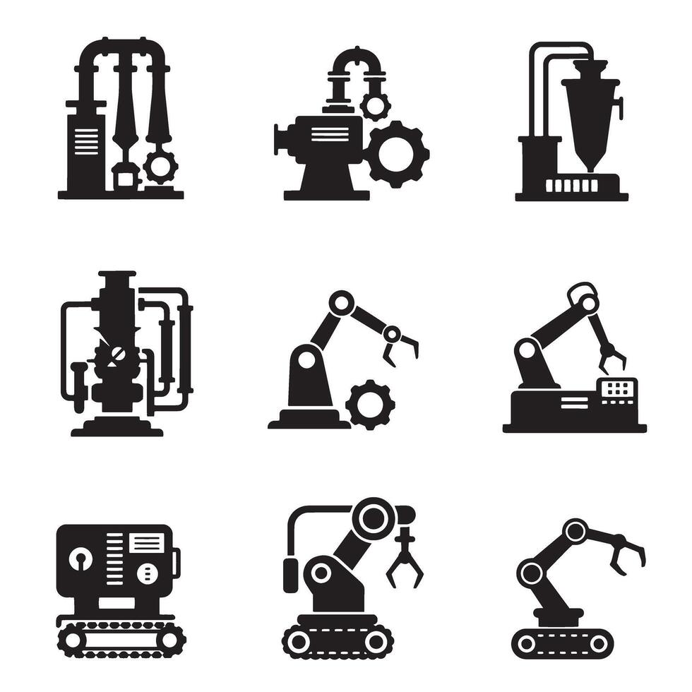 Industrial machine icon silhouette bundle for workshop tools, engineering, and manufacturing vector
