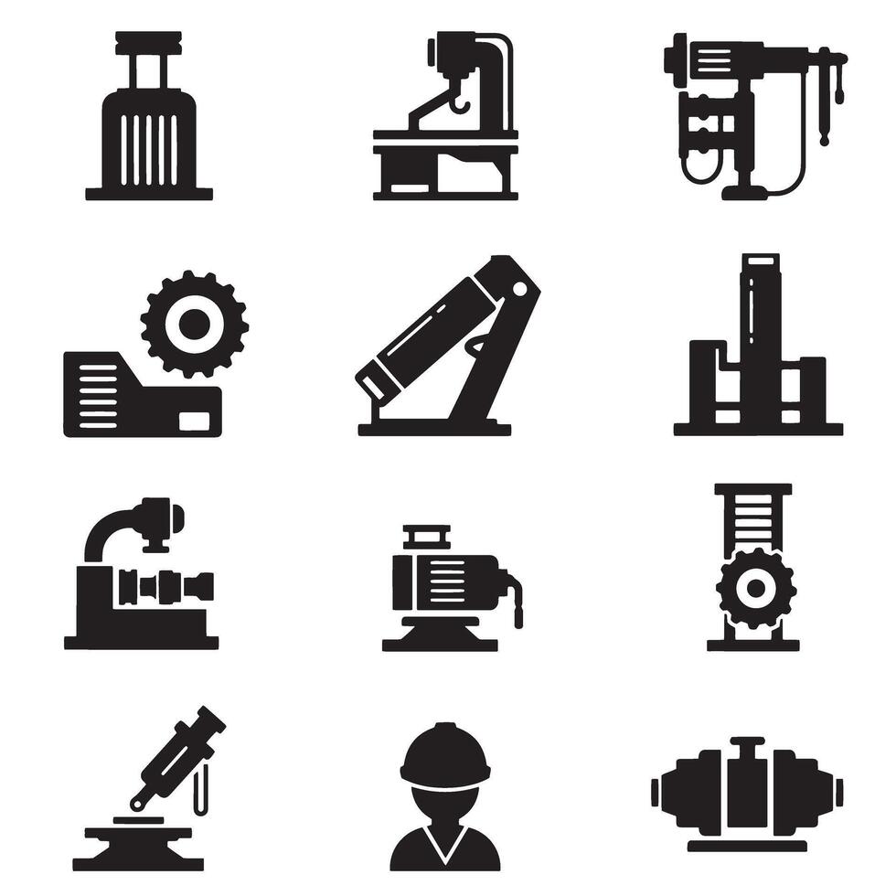 Industrial engineering symbols icon silhouette bundle for CAD and tool graphics vector