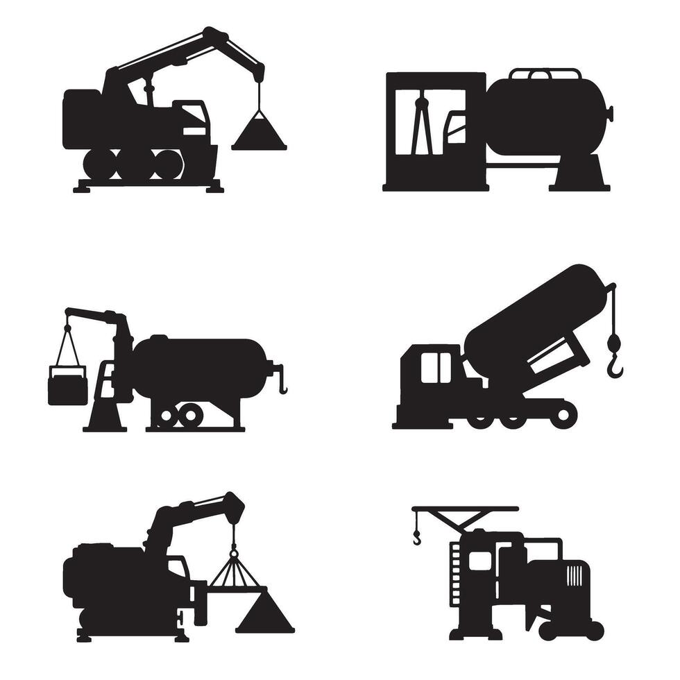 Machine tool and industrial icon silhouette bundle featuring gears, engines, and workshop parts vector