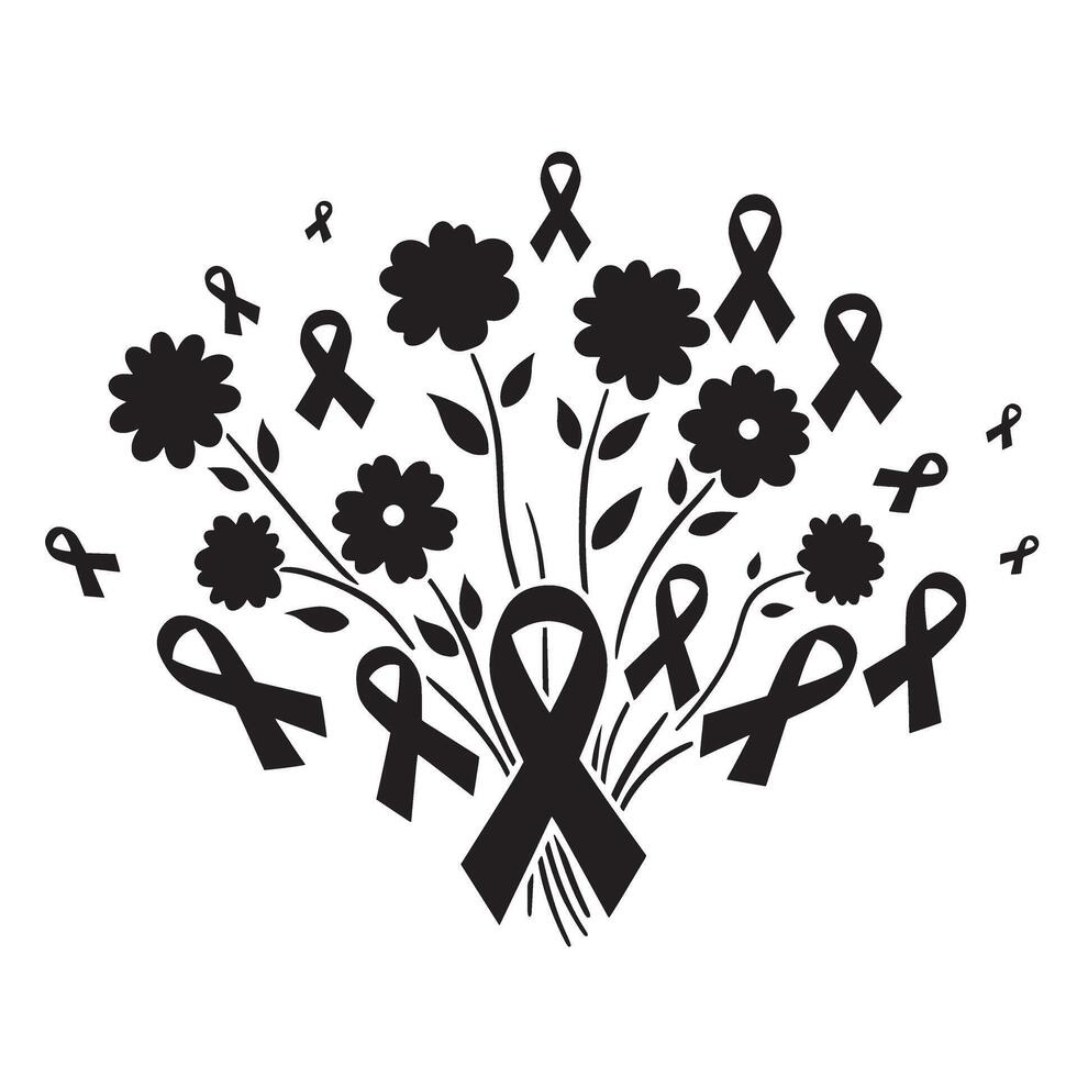 Elegant awareness breast cancer ribbon and flower banner vintage set silhouette variation design for label design vector