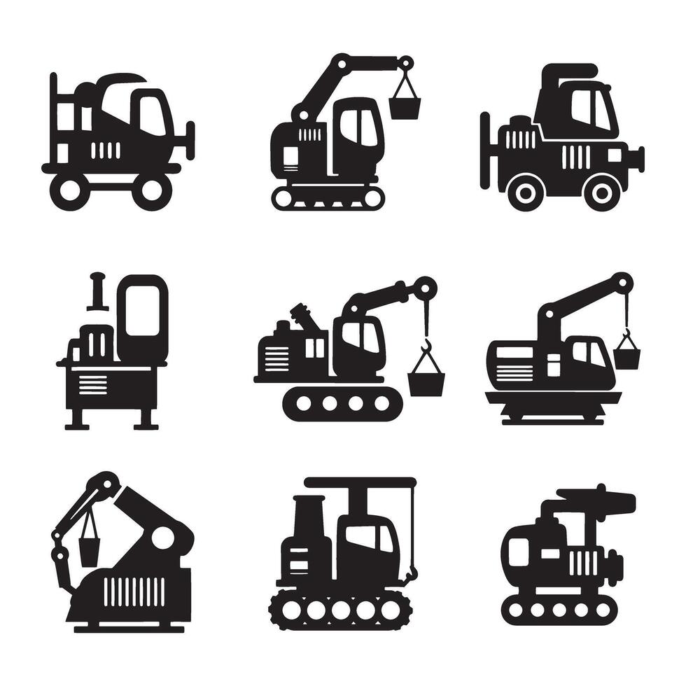 Engineering and industrial machinery icon silhouette bundle for heavy-duty equipment graphics vector
