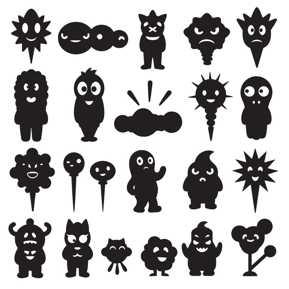 Groovy funky element tree, animal cartoon, flower and other element silhouette bundle with playful expressions vector