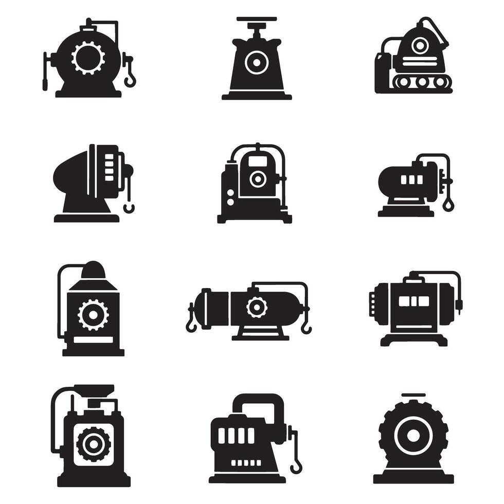Heavy-duty industrial machinery icon silhouette bundle with engineering and mechanical components vector