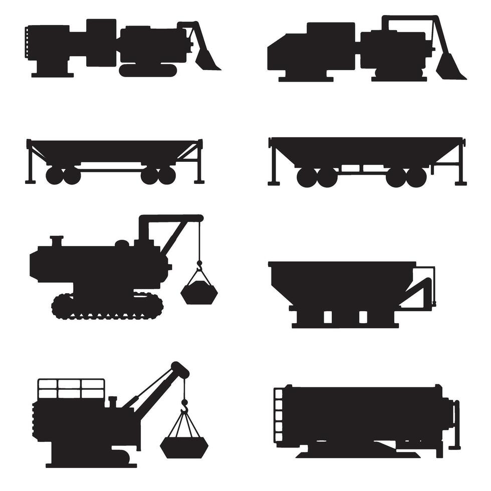 Industrial machinery icon silhouette bundle for factory equipment, tools, gears, and workshop design vector