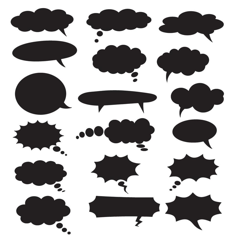 Speech bubble graphics silhouette set featuring talk balloons, text boxes, and cartoon chat design elements vector