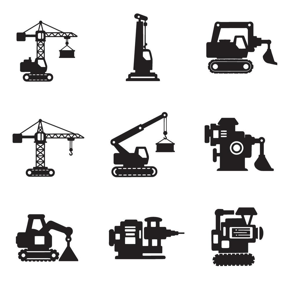 Industrial machinery icon silhouette bundle featuring tools, automation elements, and gear parts vector