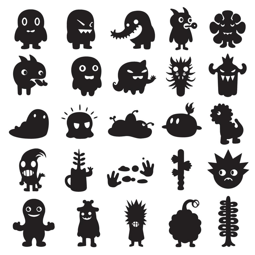 Groovy Funky element set bundle silhouette featuring bold abstract icons, cartoon accents, and vintage decorative shapes vector