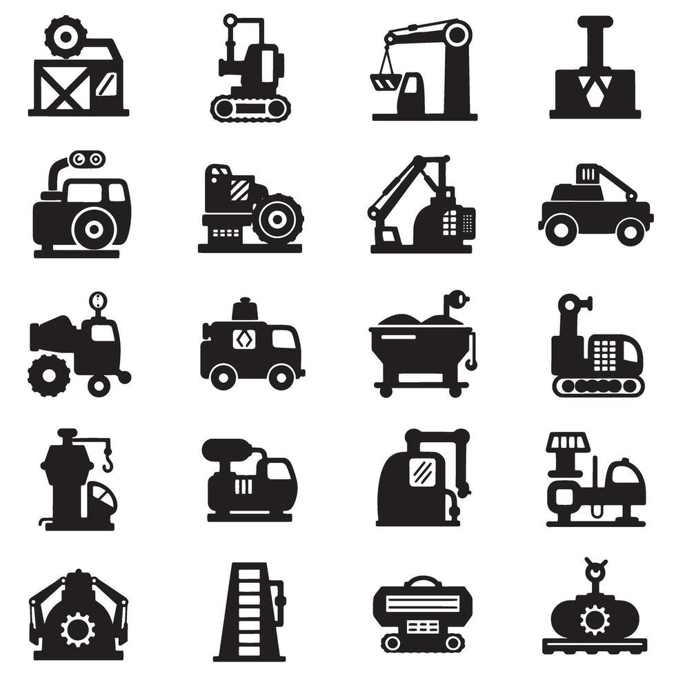 Mechanical equipment and industrial machinery icon silhouette bundle for blueprint layouts vector