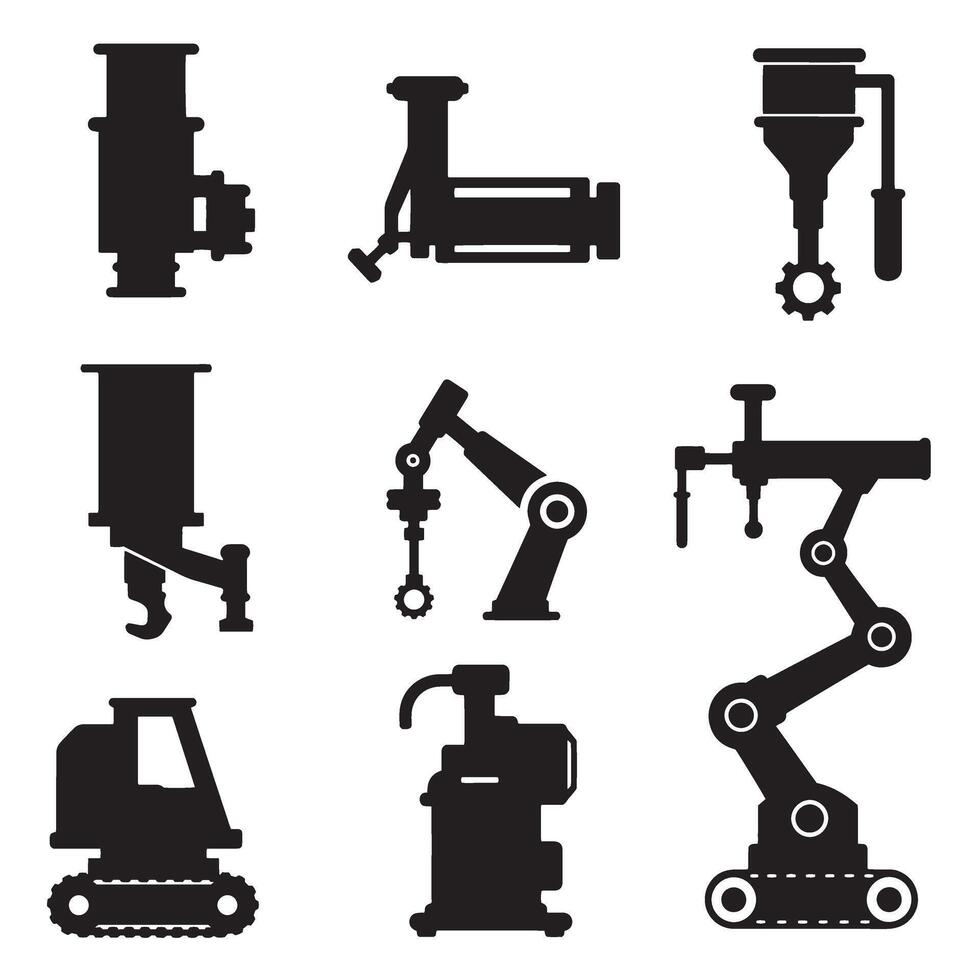 Industrial factory machinery icon silhouette bundle for production, tools, gears, and schematic use vector