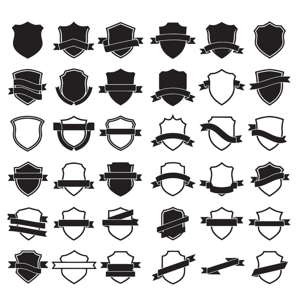 Shield emblem and ribbon banner vintage set bundle silhouette variation design for logo and identity use vector