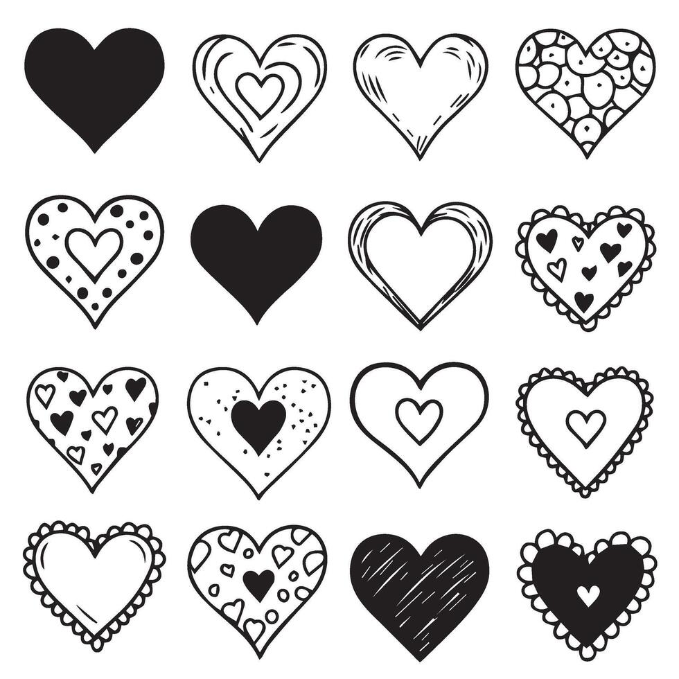 Heart silhouette icons with artistic drawing line art style for coloring page designs and visual decoration vector