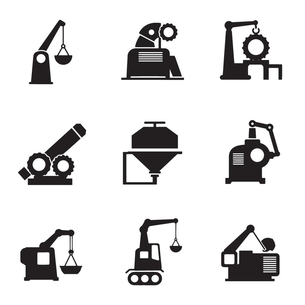 Industrial elements icon silhouette bundle with machinery parts, gears, and tool icons set vector