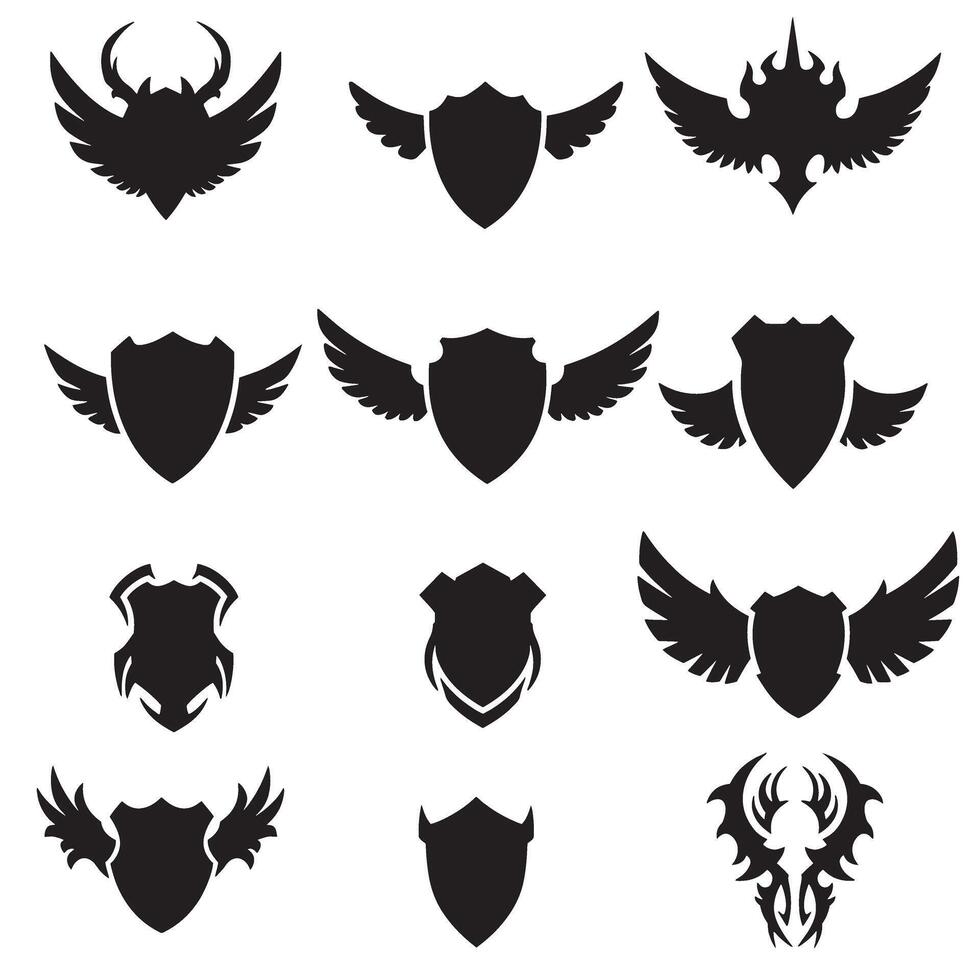 Unique shields wings element silhouette bundle with classic knight armor shapes, defense icons, and fantasy logo design features vector