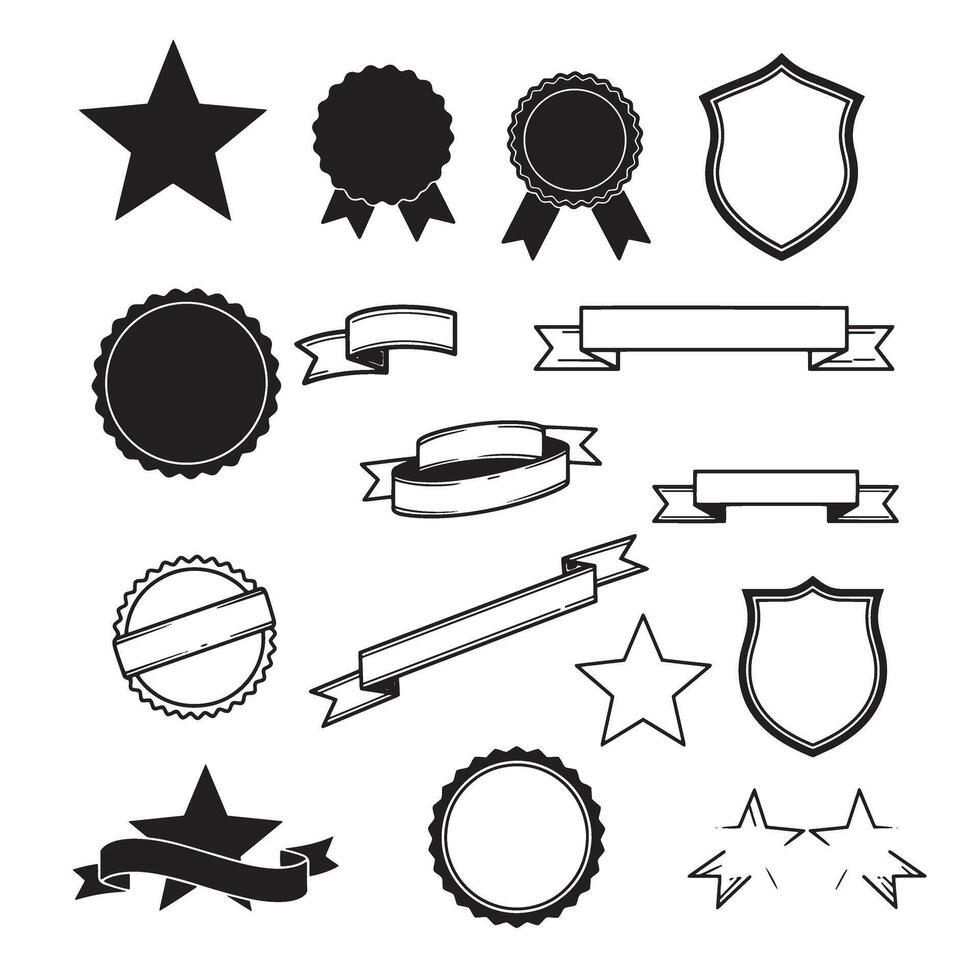 Hand-drawn star, shield, heart shape, ribbons banner and others set silhouette for poster and layout use vector