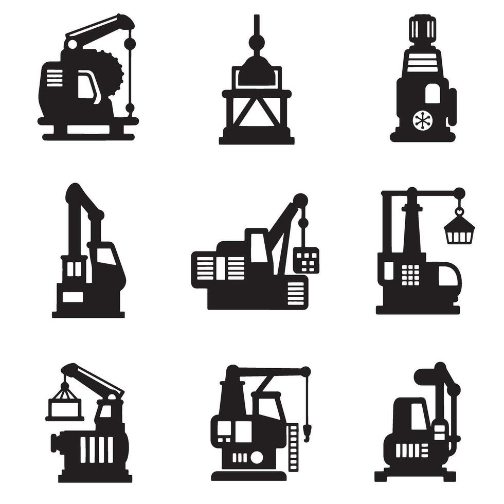 Industrial icons and machinery silhouette bundle for heavy equipment, gears, and factory use vector