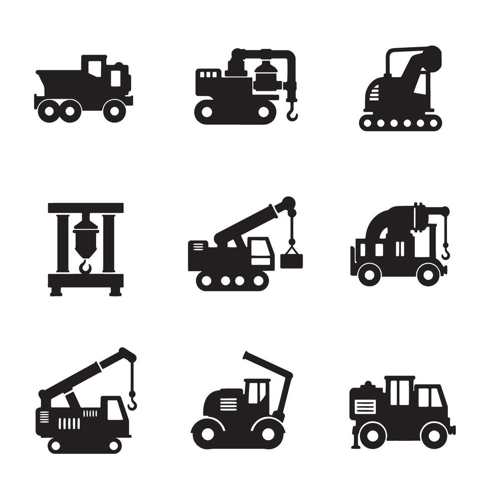 Mechanical factory machinery icon silhouette bundle for production tools and blueprint elements vector