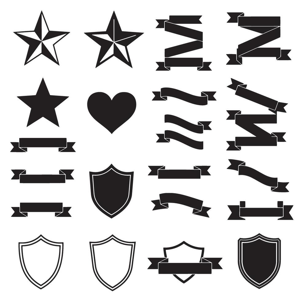 Star, shield, heart shape, ribbons banner and others silhouette design set for scroll frames and logo badges vector